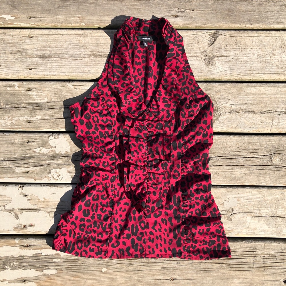 Express Red Pink Leopard Chiffon Ruffled Tank Top